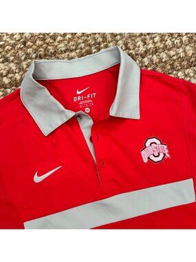 Nike Dri-Fit Ohio State Buckeyes Polo Shirt Red Gray Block O Medium